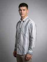 Men's Classic Grey and White Horizontal Striped Long Sleeve Button-Down Shirt
