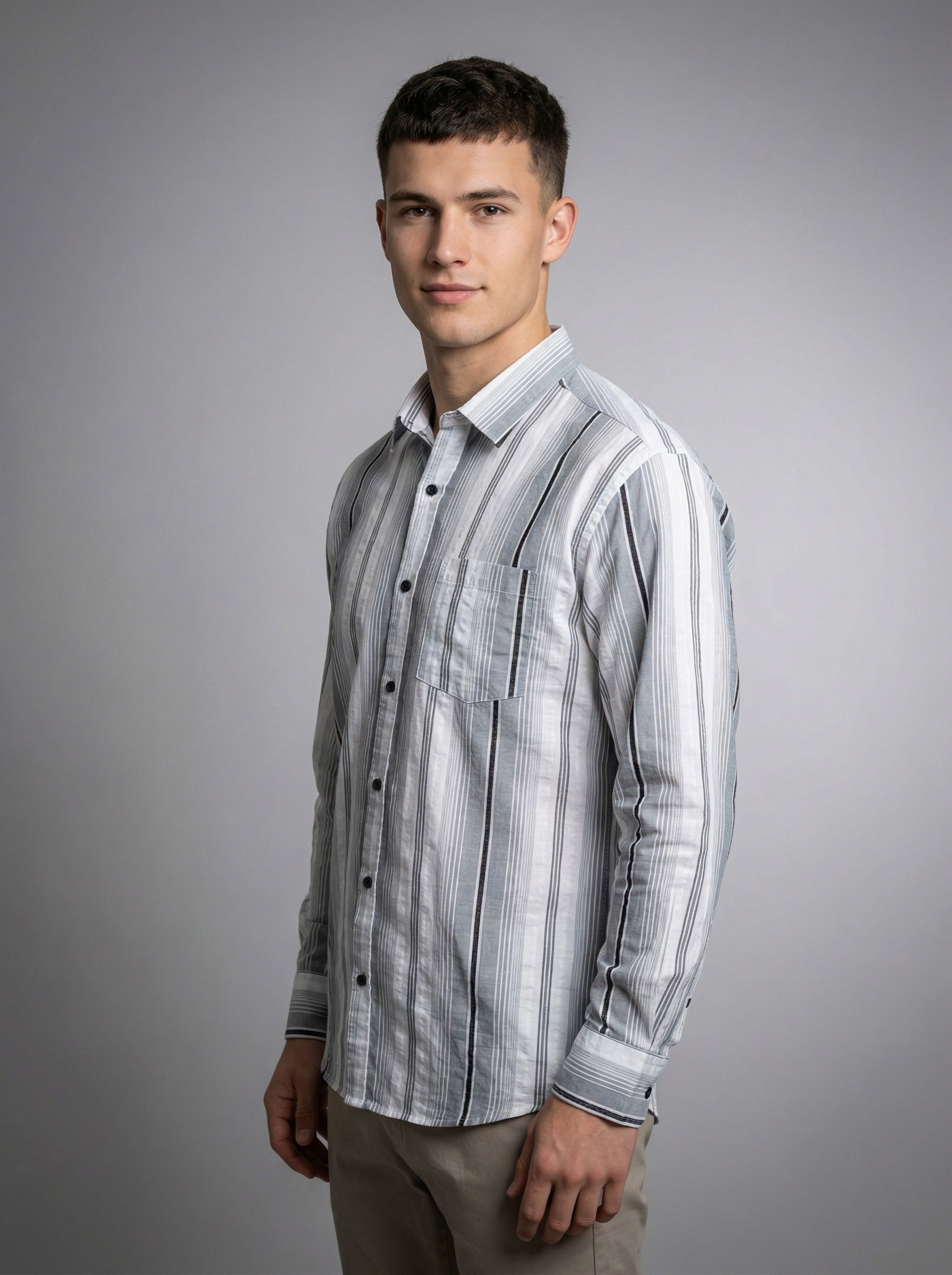 Men's Classic Grey and White Horizontal Striped Long Sleeve Button-Down Shirt