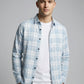 Men's Light Blue and White Plaid Button-Down Casual Shirt