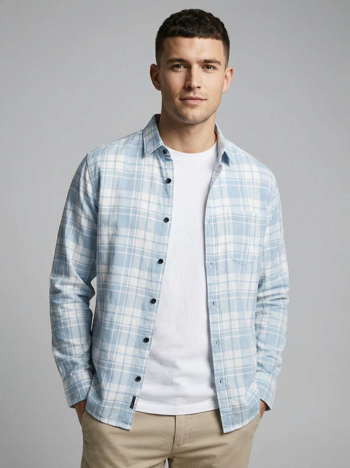 Lean body male model wearing slim fit shirt