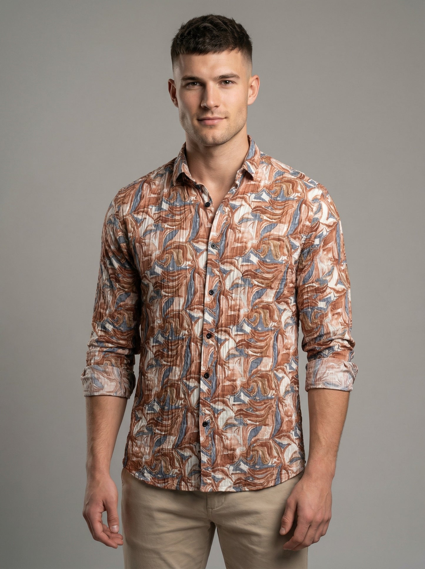 Abstract Marble Print Crinkle-Textured Button-Down Shirt