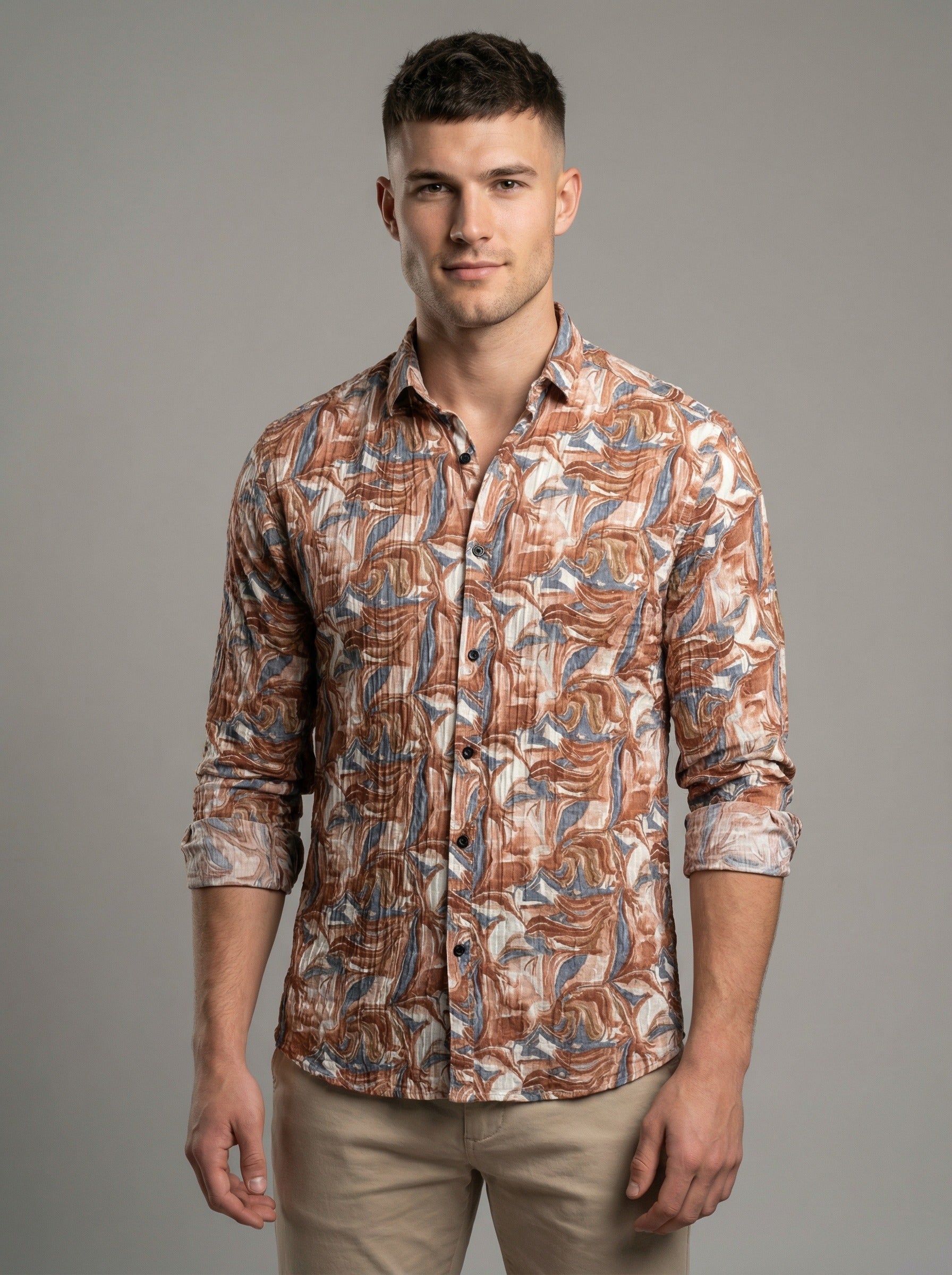 Abstract Marble Print Crinkle-Textured Button-Down Shirt