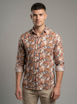 Abstract Marble Print Crinkle-Textured Button-Down Shirt