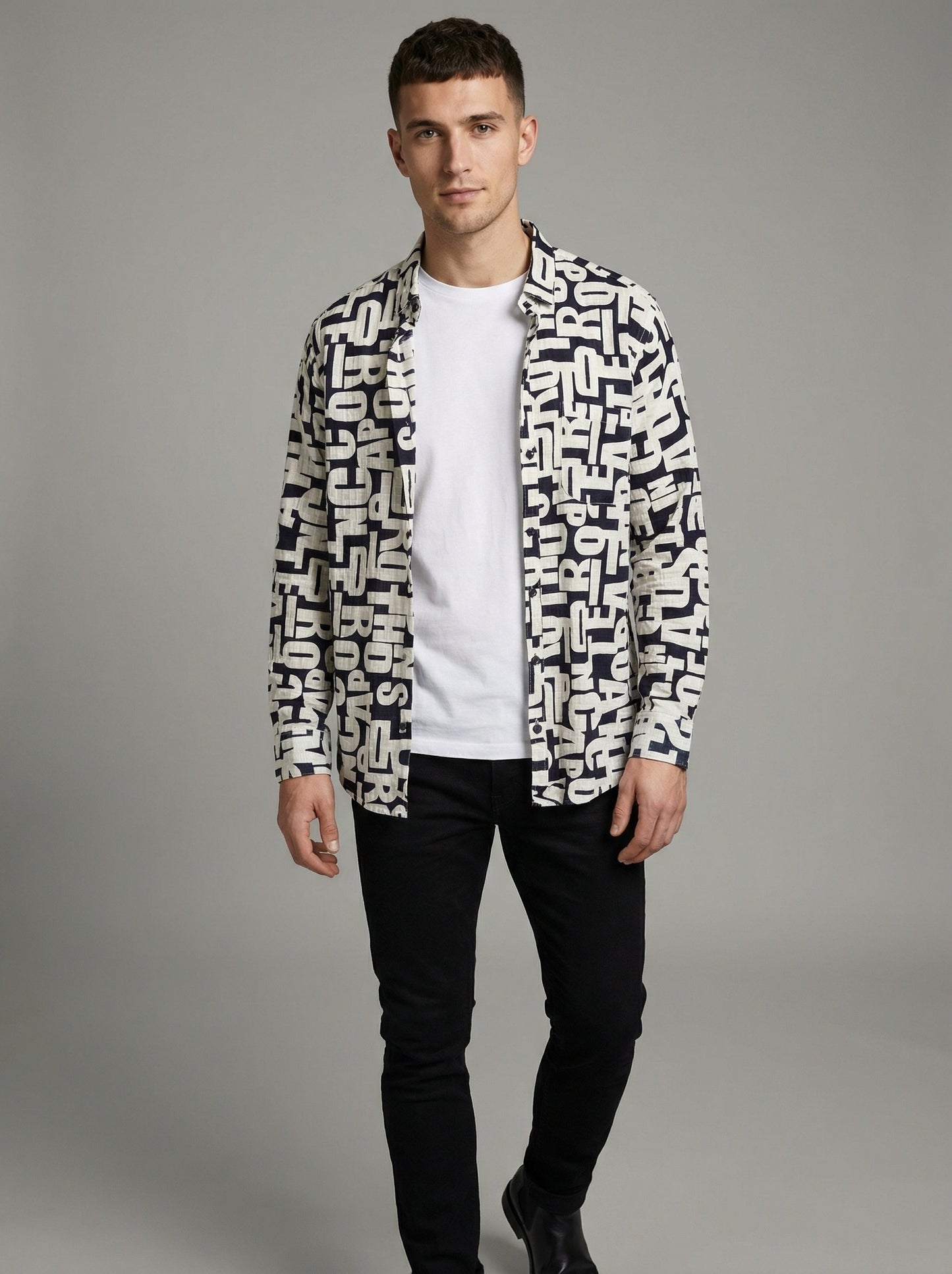 Men's Alphabet Graphic Print Long-Sleeve Button-Down Shirt