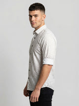 Men's Elegant Cream Leaf Print Long Sleeve Button-Down Shirt