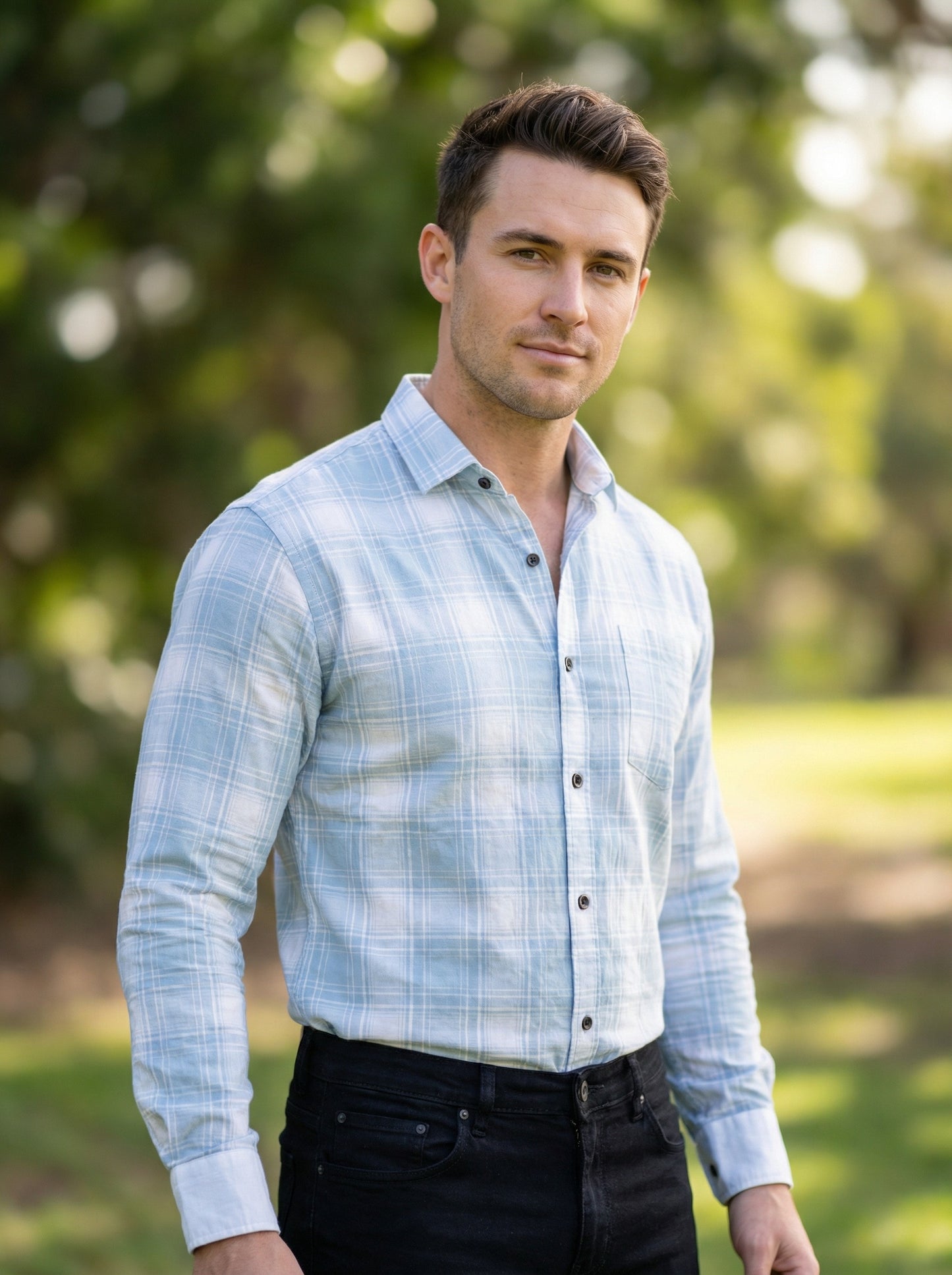 Men's Light Blue and White Plaid Long Sleeve Button-Down Shirt