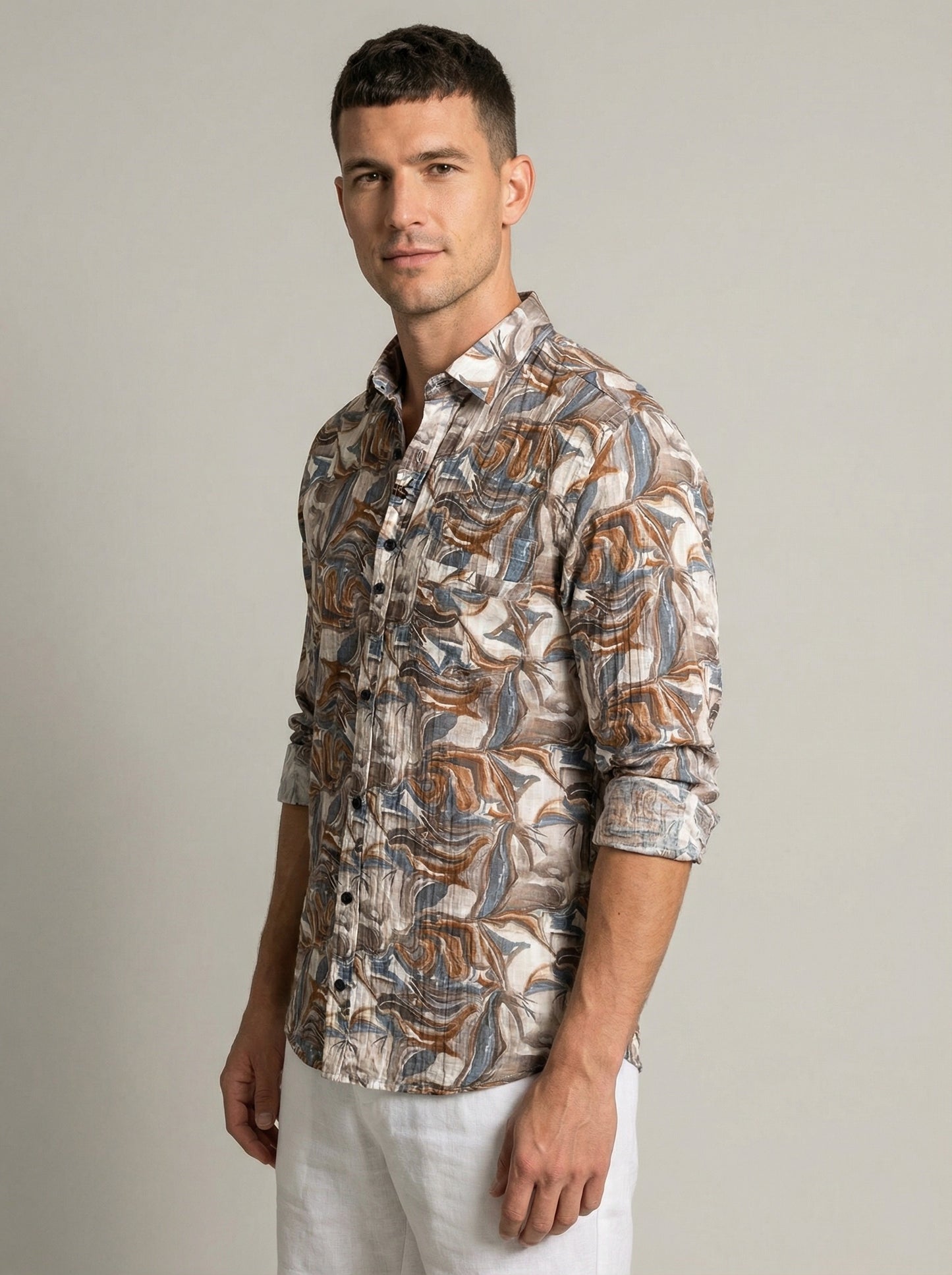 Vintage-Inspired Men's Earth Tone Marble Print Button-Down Shirt