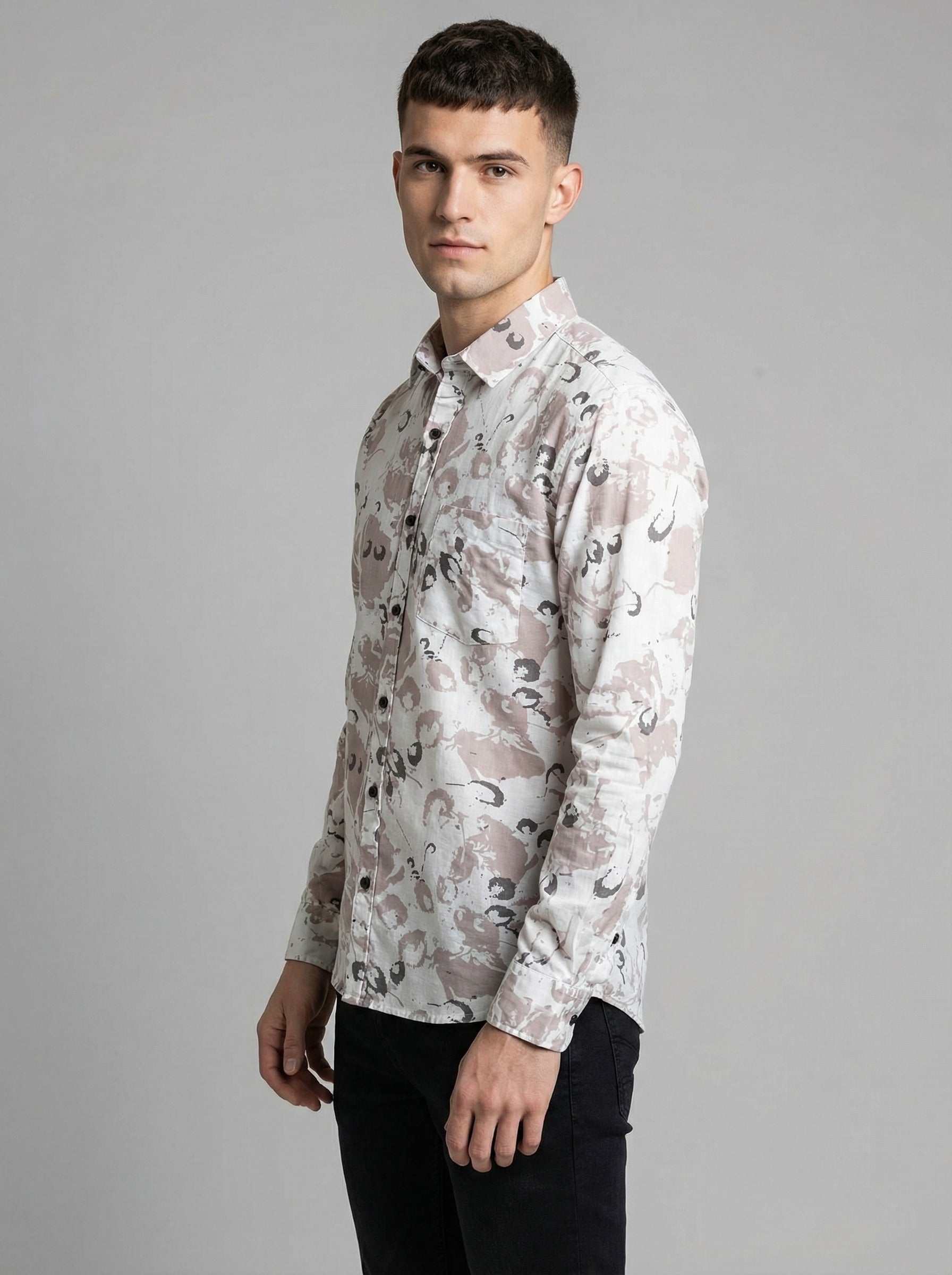 The Showfine Men's Abstract Floral Print Button-Down Shirt - Breathable Linen Blend