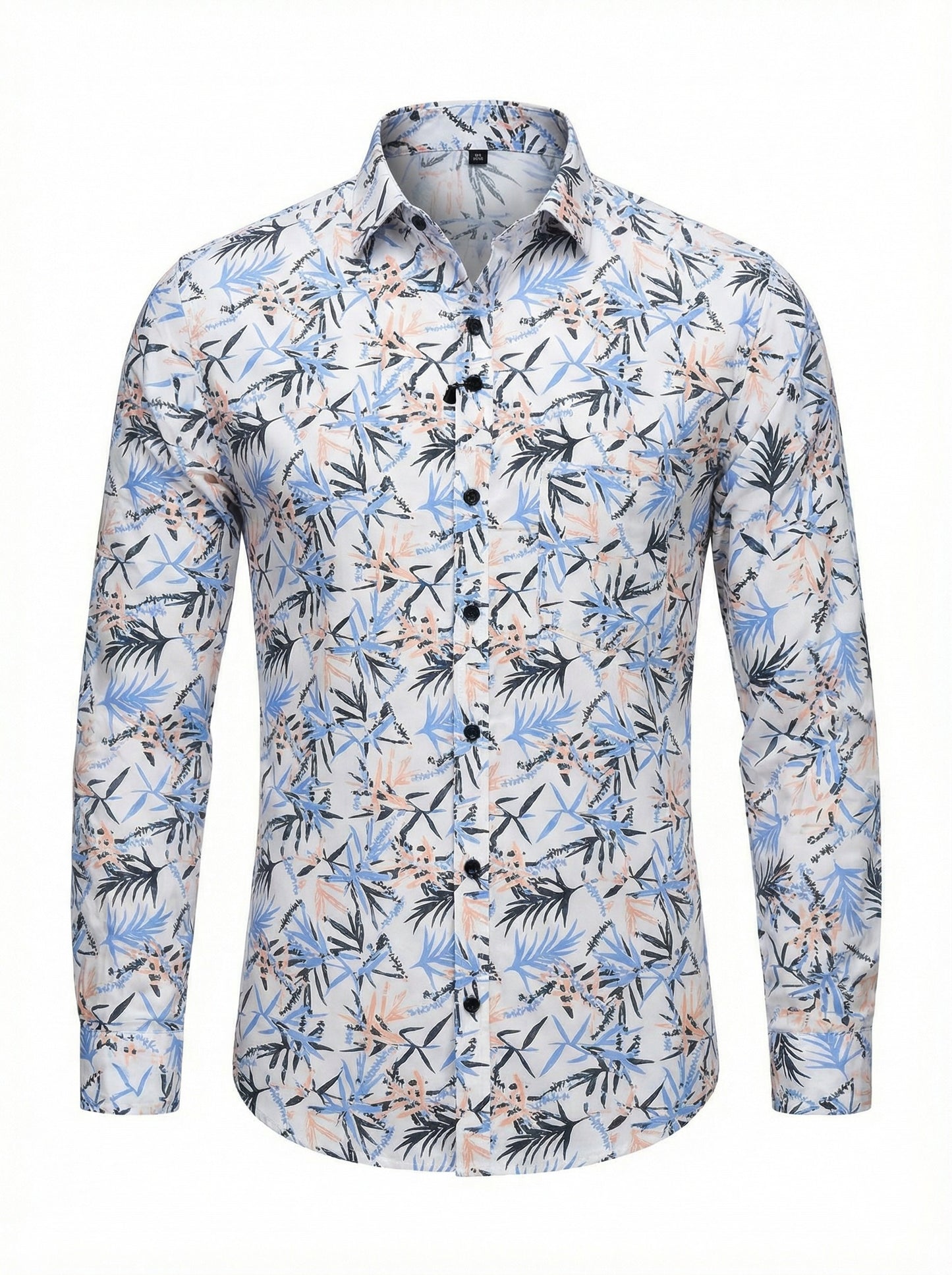 Men's Tropical Palm Blue Leaf Print Long Sleeve Button-Down Casual Shirt - Summer Vacation Style