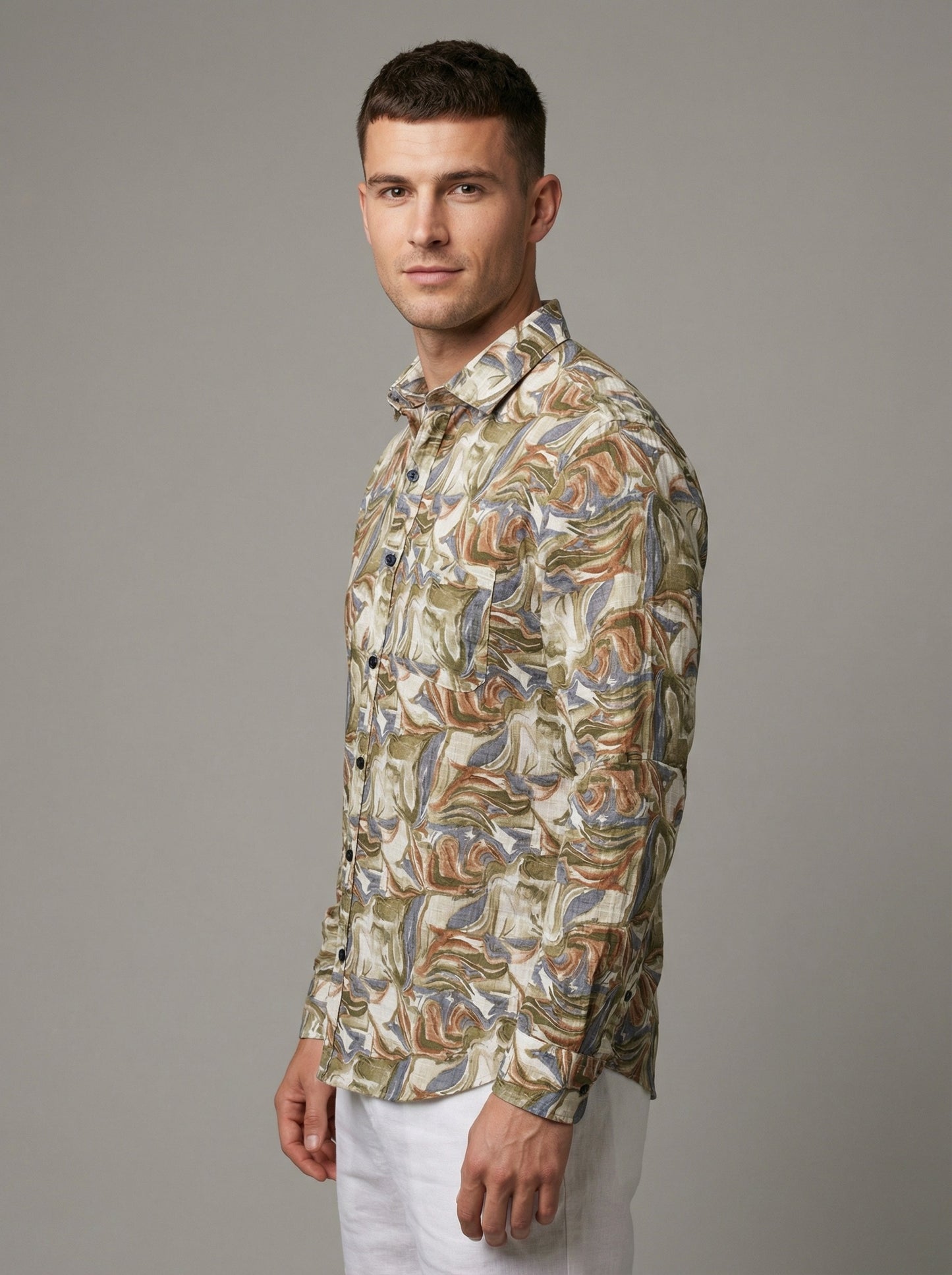Men's Abstract Swirl Print Button-Down Shirt in Earth Tones