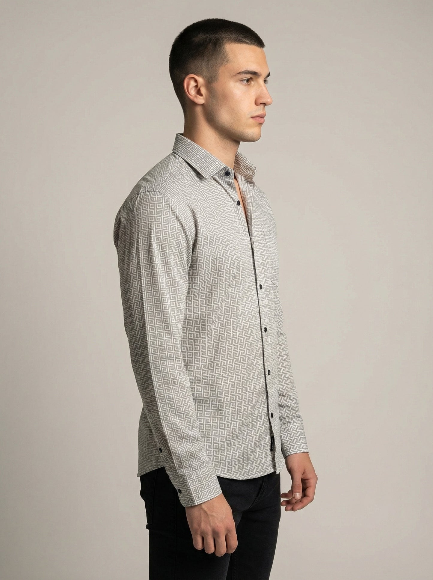 Men's Geometric Greek Key Pattern Long Sleeve Button-Down Shirt