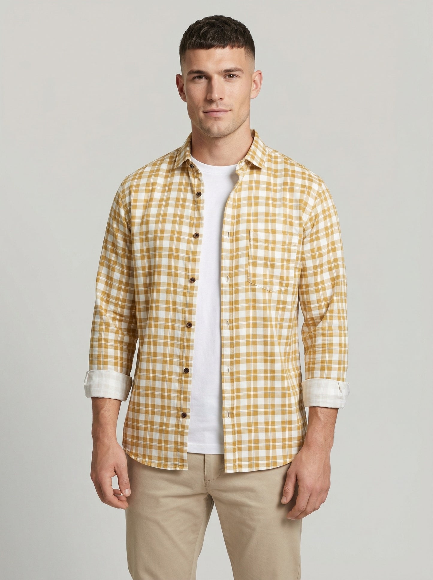Men's Mustard Yellow Gingham Check Button-Down Shirt with Contrast Cuffs