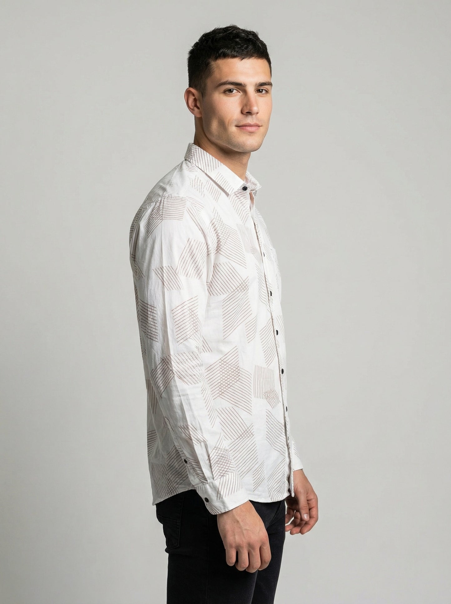 Men's Modern Geometric Line Pattern Long Sleeve Button-Down Shirt