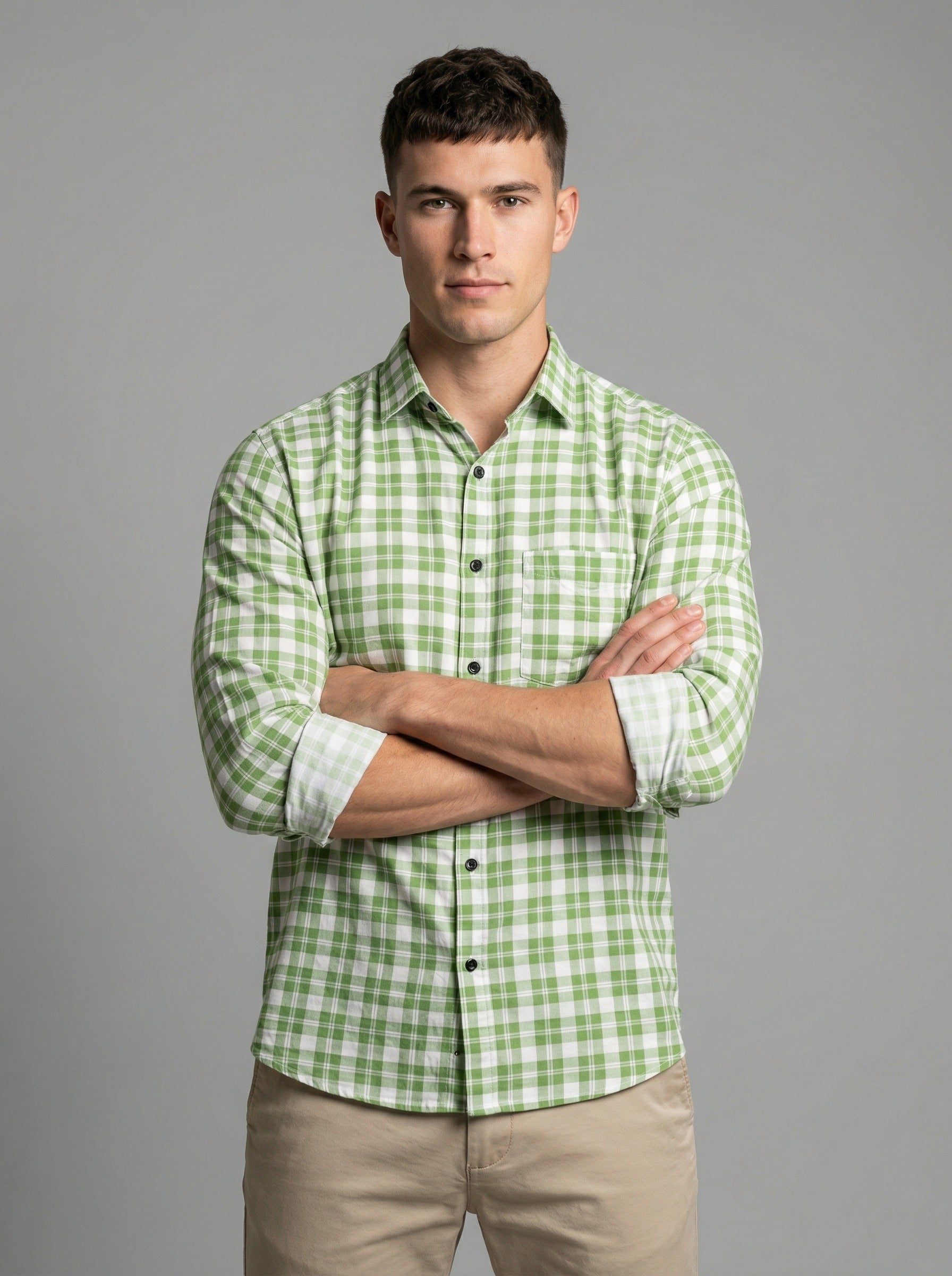 Men's Sage Green Gingham Checkered Long Sleeve Button-Down Shirt