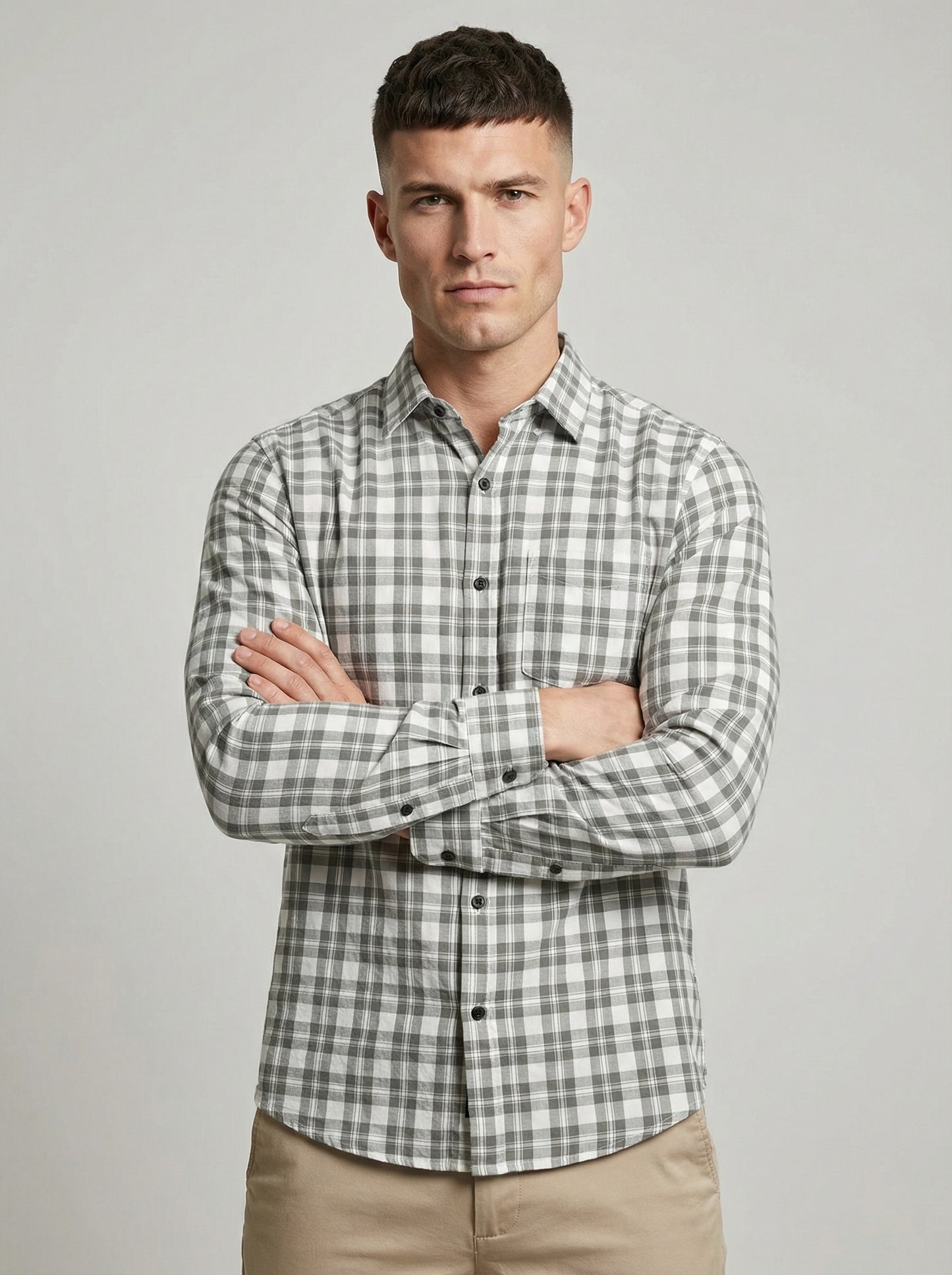 Men's Classic Grey & White Plaid Button-Down Shirt