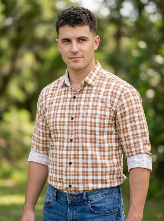 Men's Orange and White Gingham Checkered Button-Down Shirt