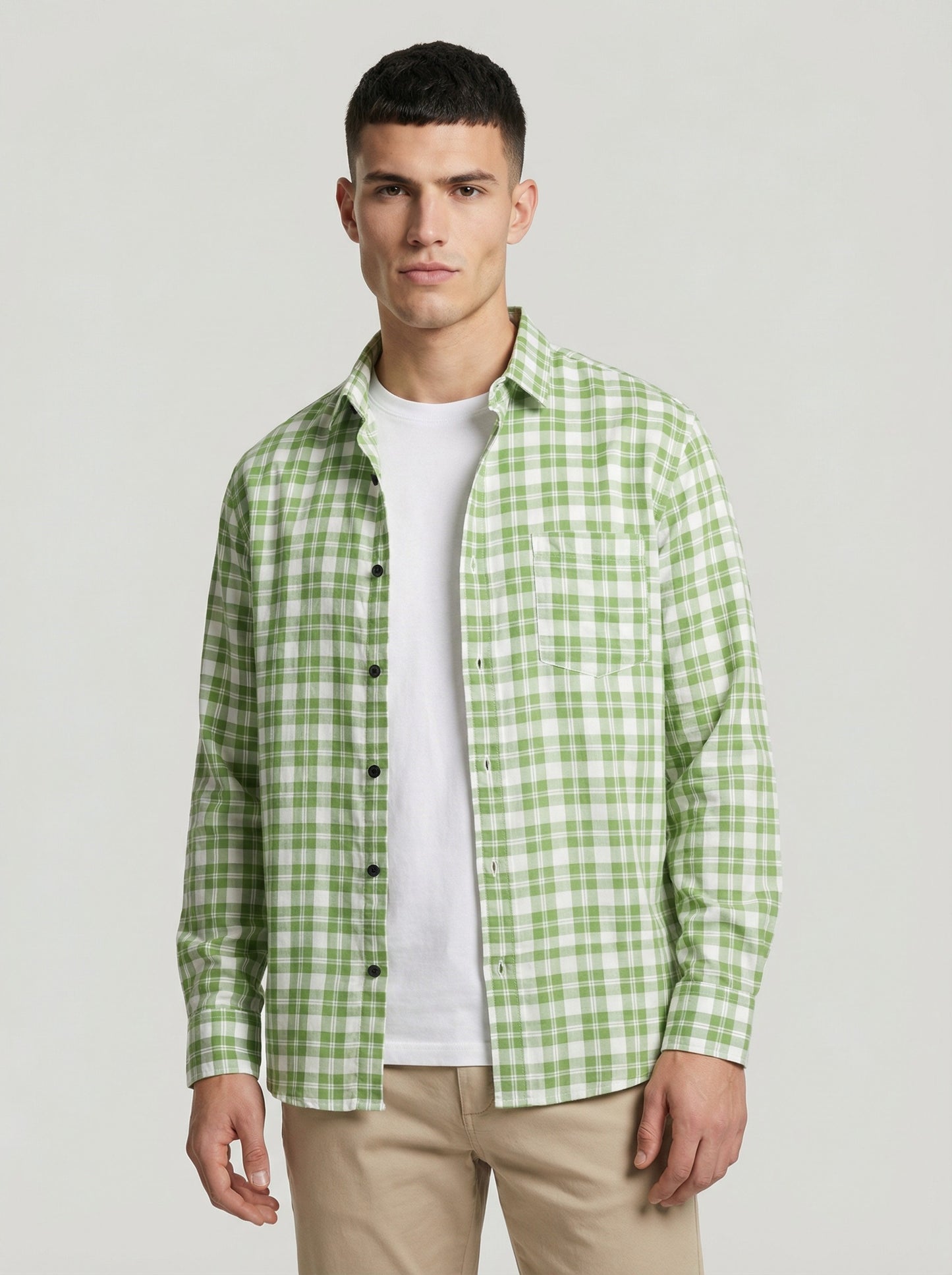 Men's Sage Green Gingham Checkered Long Sleeve Button-Down Shirt