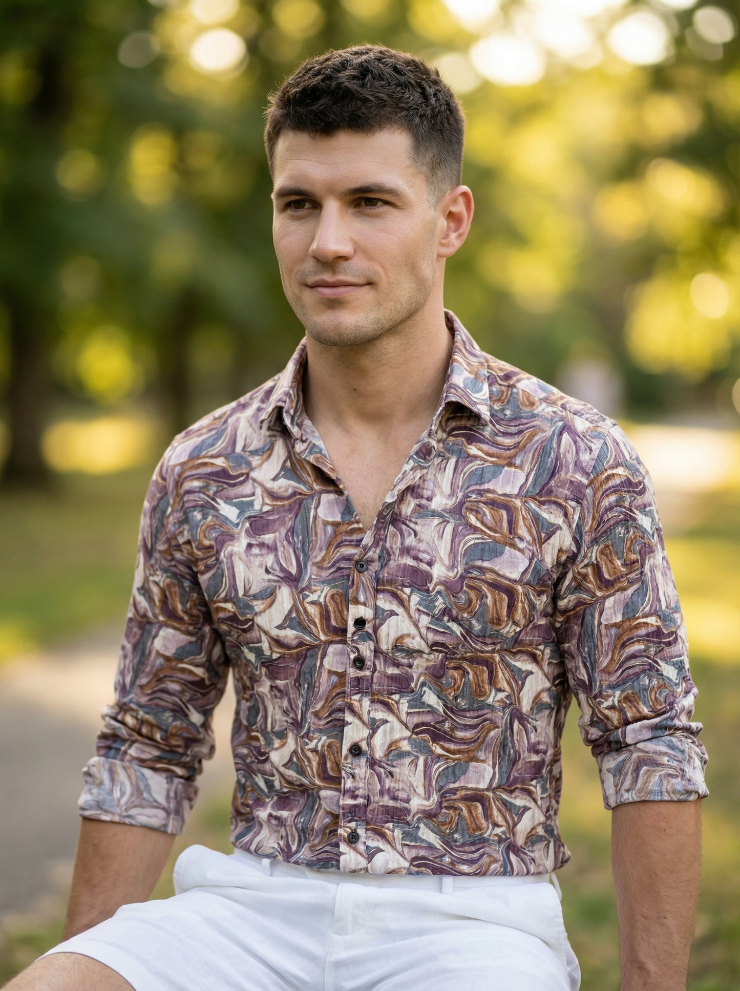 Men's Abstract Print Long Sleeve Button-Down Shirt - Lightweight Casual Top