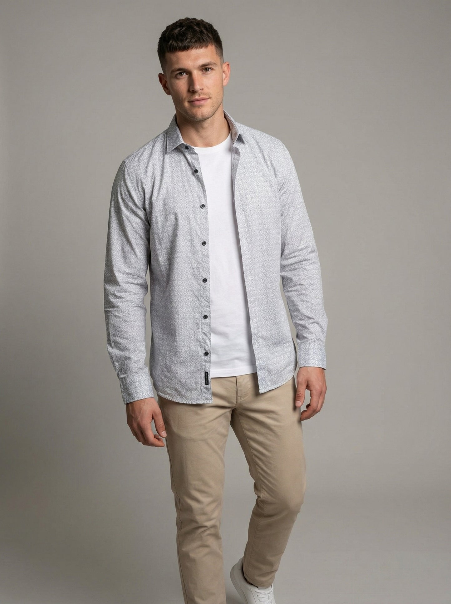 Men's Geometric Micro-Print Long Sleeve Dress Shirt - Light Blue