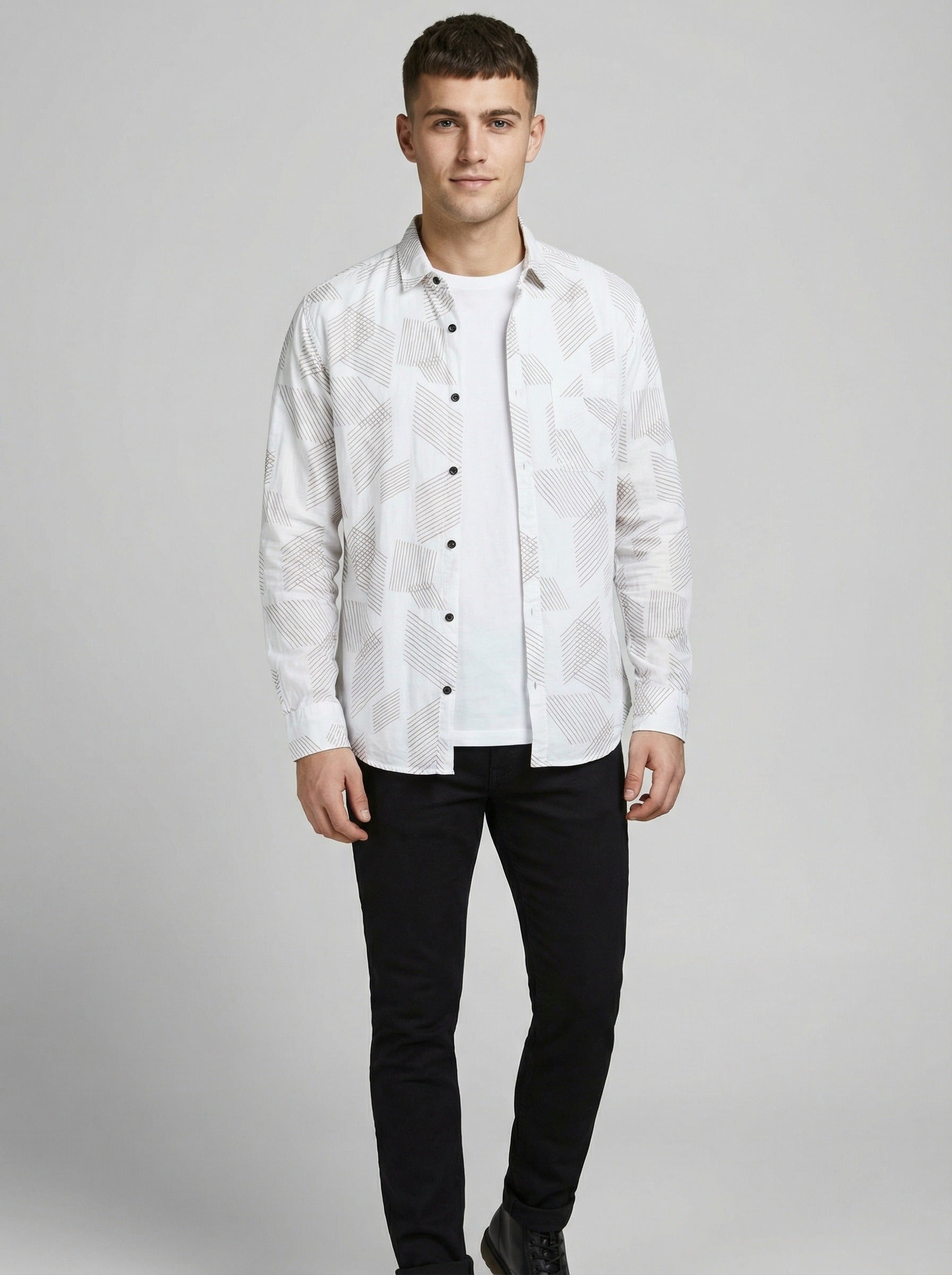 Men's Modern Geometric Line Pattern Long Sleeve Button-Down Shirt