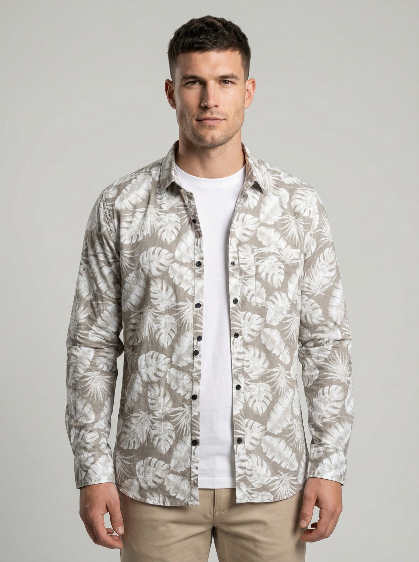 Men's Beige Tropical Leaf Print Long Sleeve Button-Down Shirt