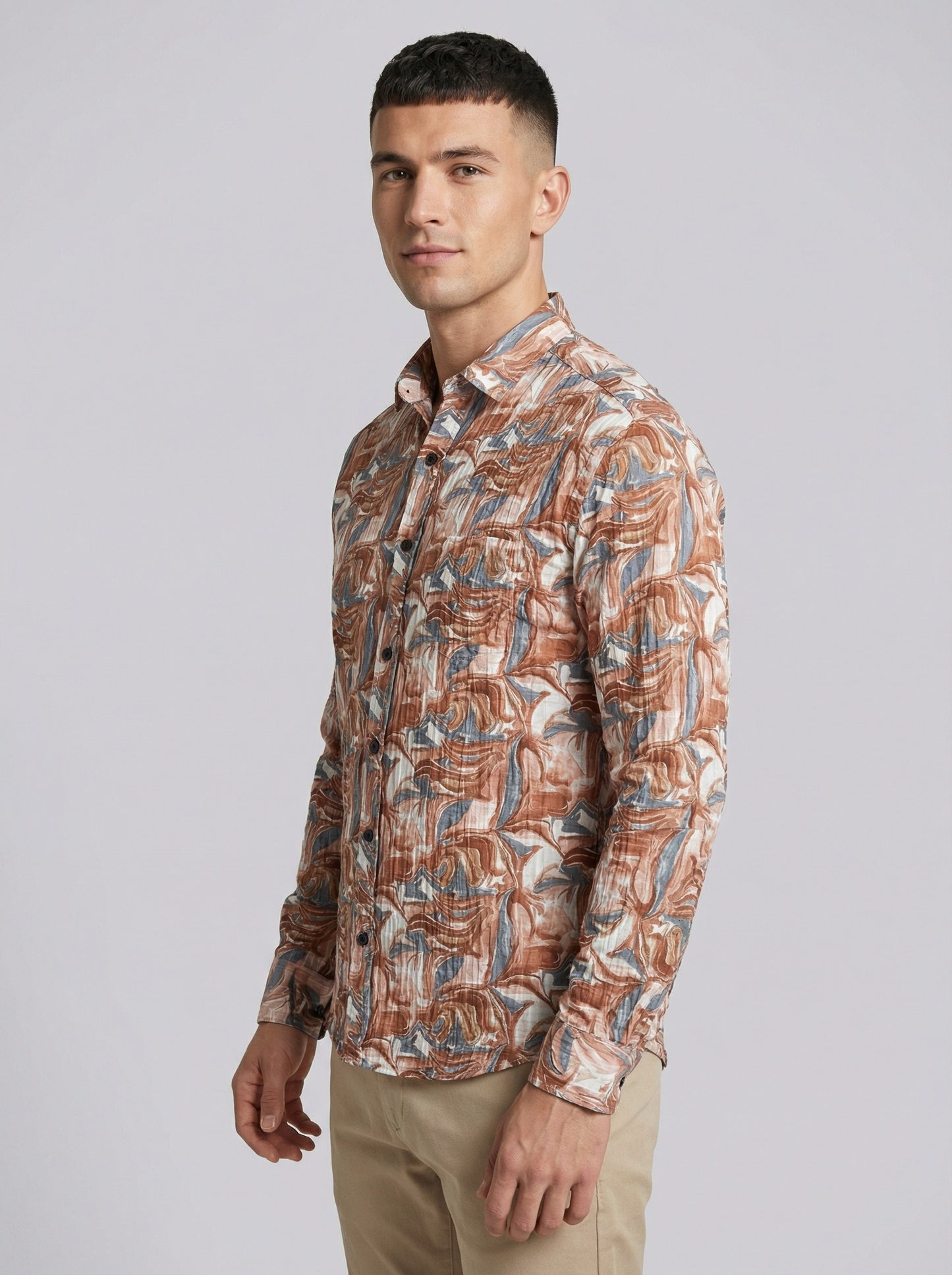 Abstract Marble Print Crinkle-Textured Button-Down Shirt