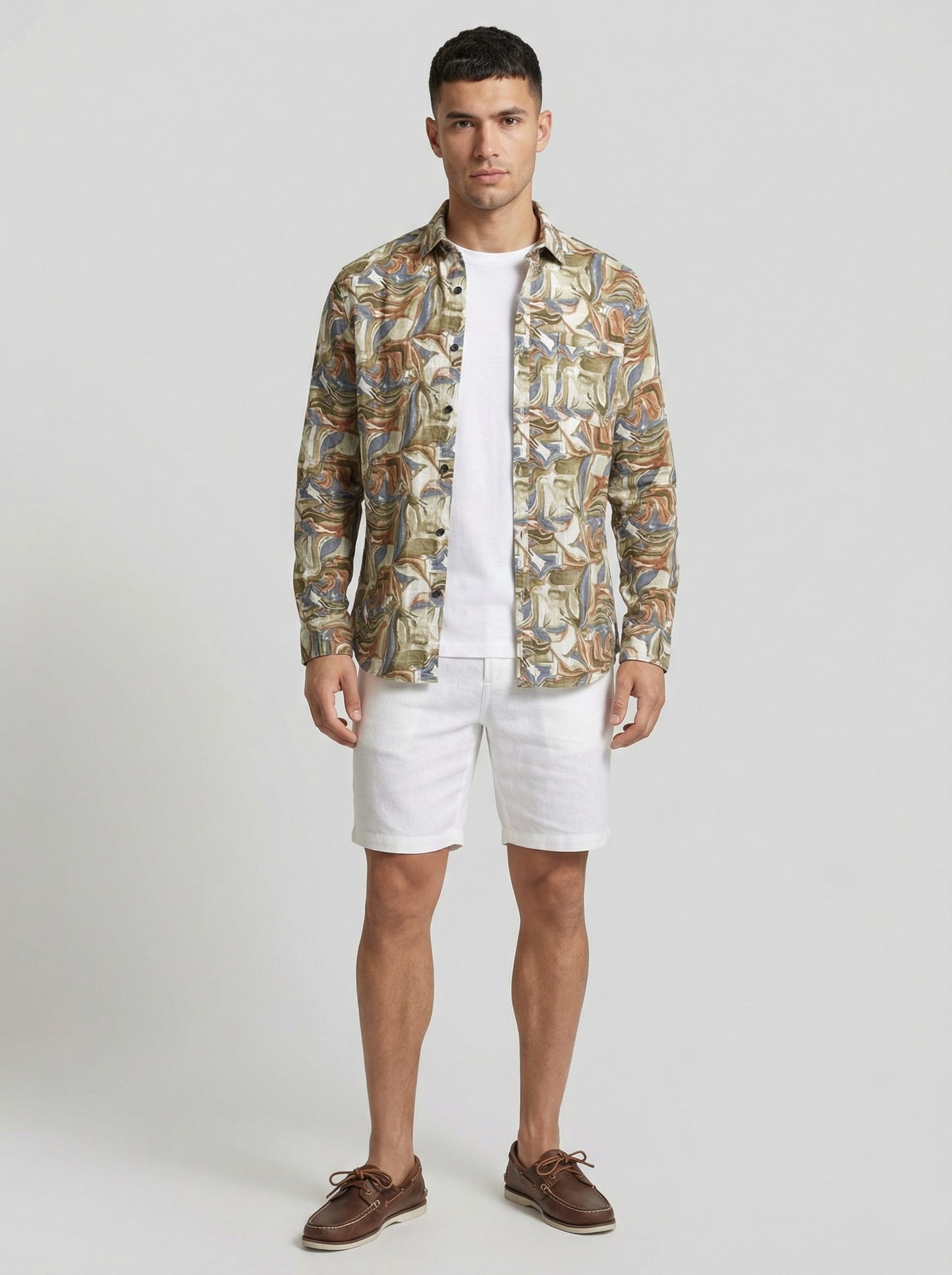 Men's Abstract Swirl Print Button-Down Shirt in Earth Tones