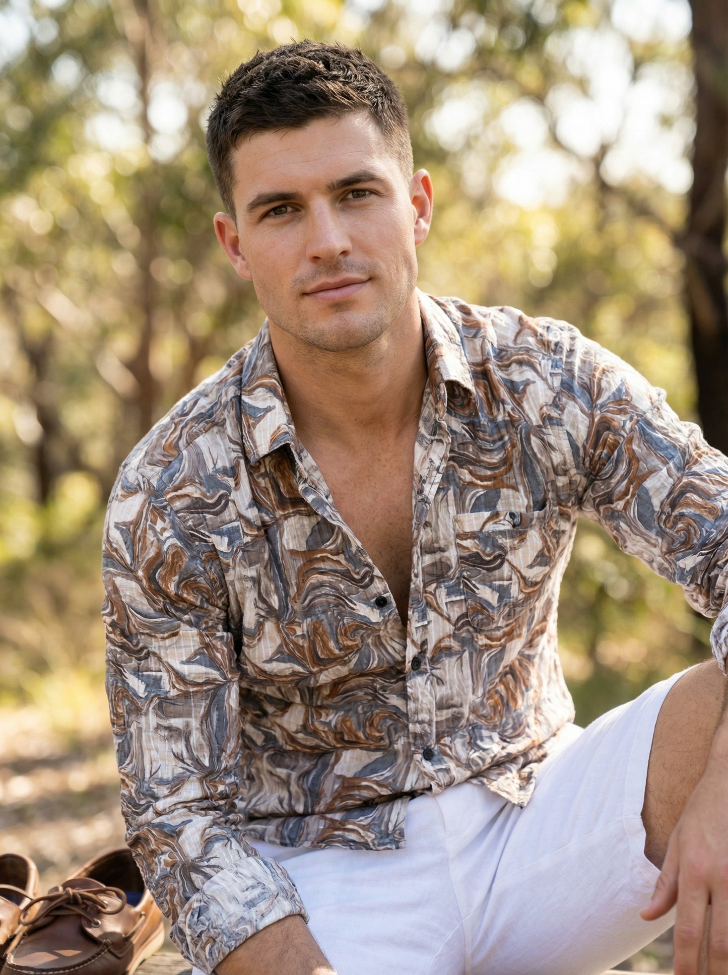 Vintage-Inspired Men's Earth Tone Marble Print Button-Down Shirt