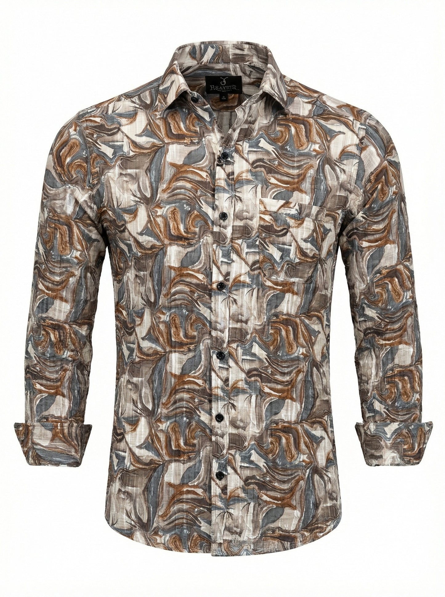 Vintage-Inspired Men's Earth Tone Marble Print Button-Down Shirt
