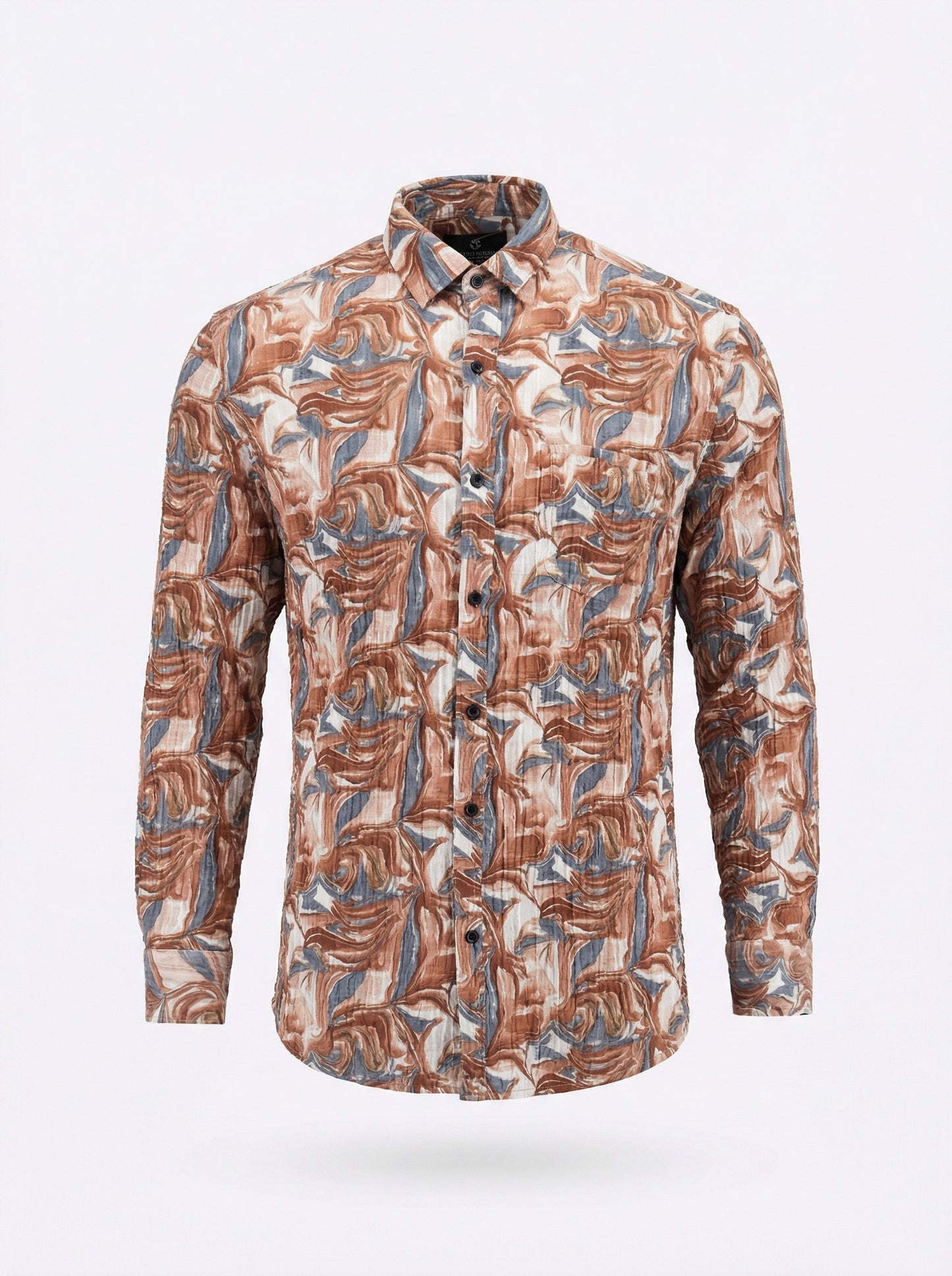 Abstract Marble Print Crinkle-Textured Button-Down Shirt