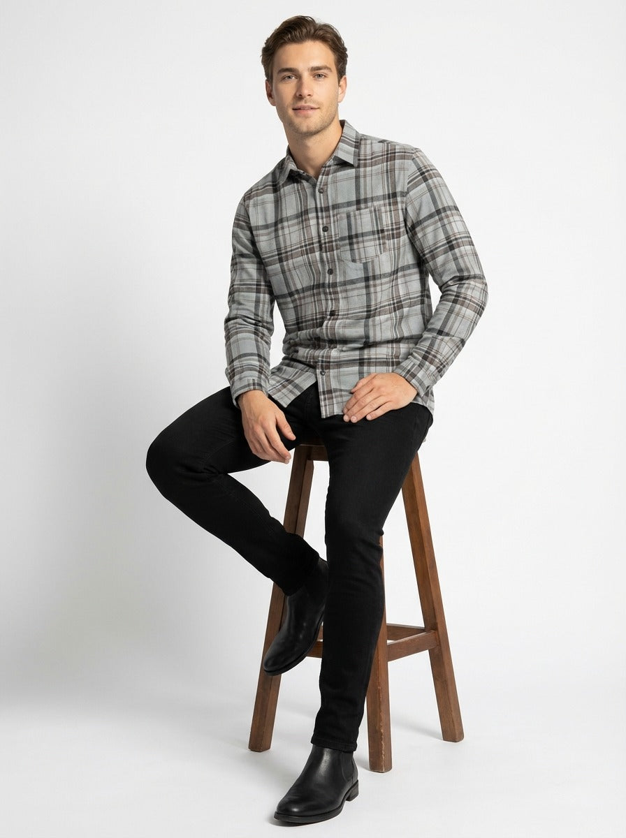 Men's Slim-Fit Premium Brushed Cotton Plaid Shirt
