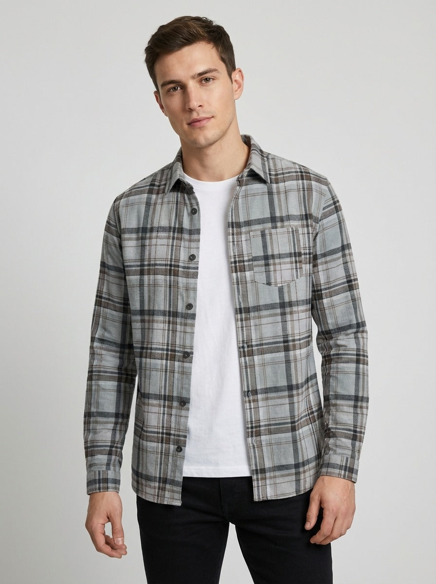 Men's Slim-Fit Premium Brushed Cotton Plaid Shirt