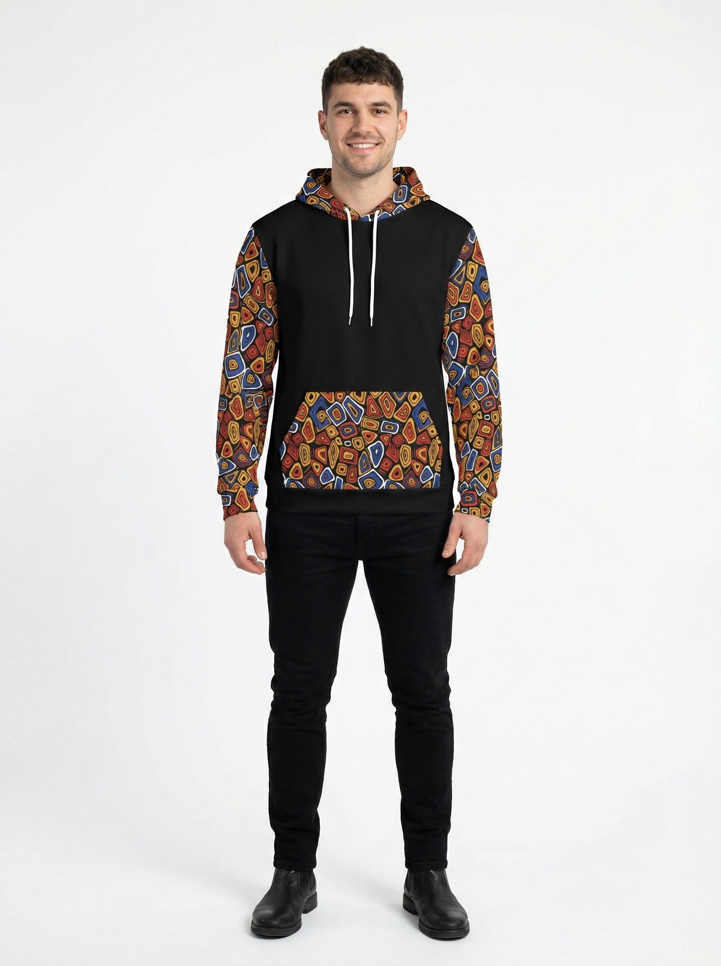 Abstract Geometric Mosaic Print Men's Contrast Hoodie - Streetwear Art Pullover