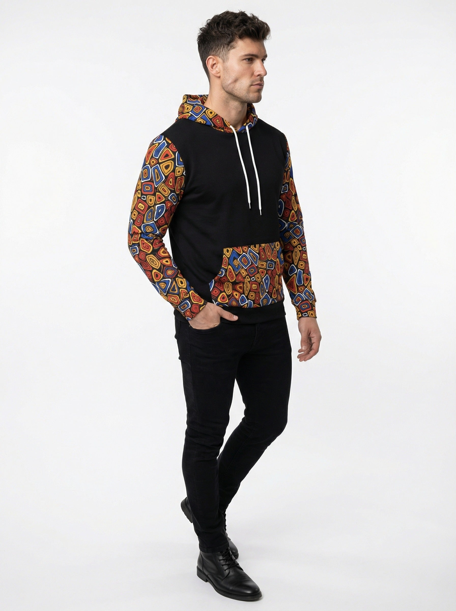 Abstract Geometric Mosaic Print Men's Contrast Hoodie - Streetwear Art Pullover