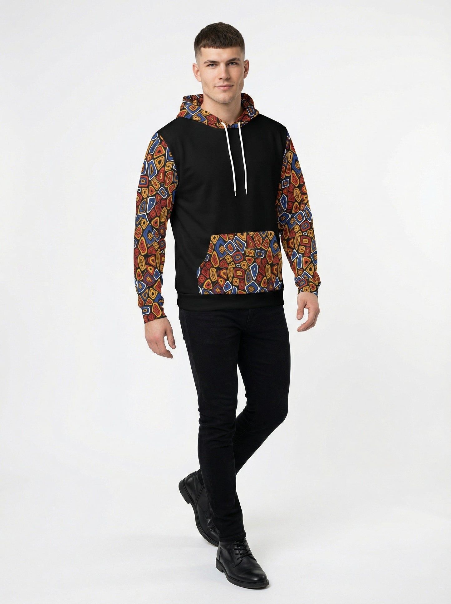 Abstract Geometric Mosaic Print Men's Contrast Hoodie - Streetwear Art Pullover