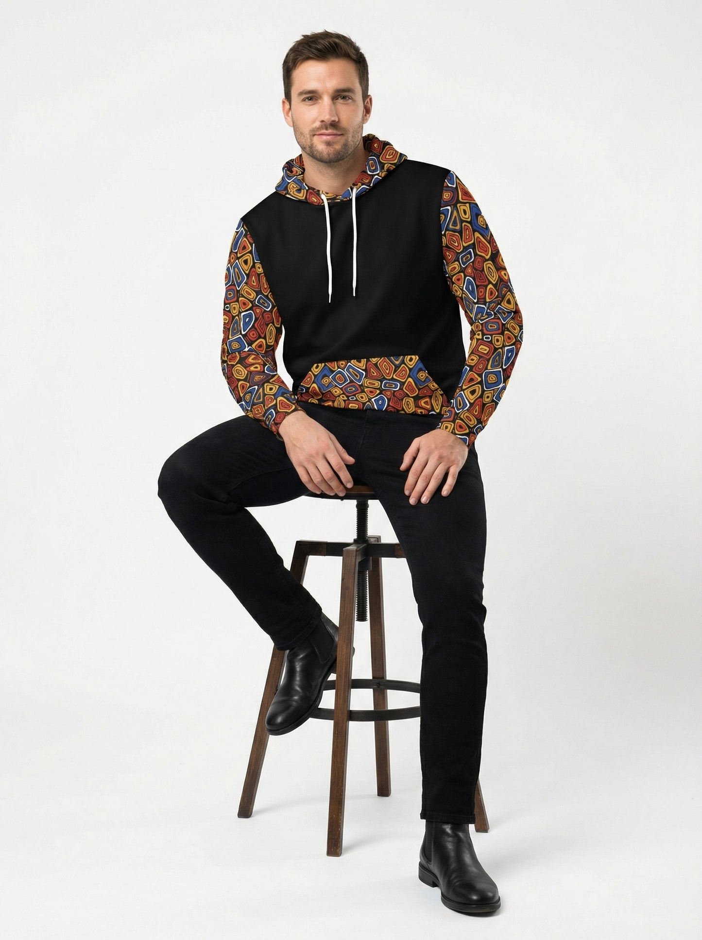 Abstract Geometric Mosaic Print Men's Contrast Hoodie - Streetwear Art Pullover