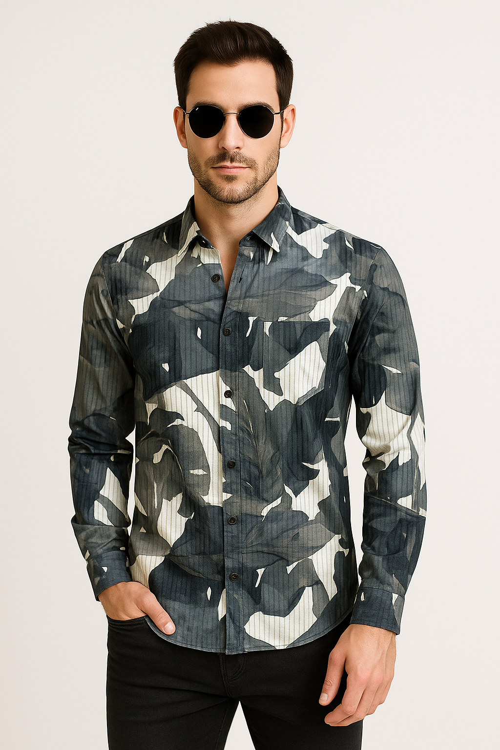 Men’s Long Sleeve Button Down Shirt – Tropical Leaf Print Cotton Shirt, Casual Summer Dress Shirt