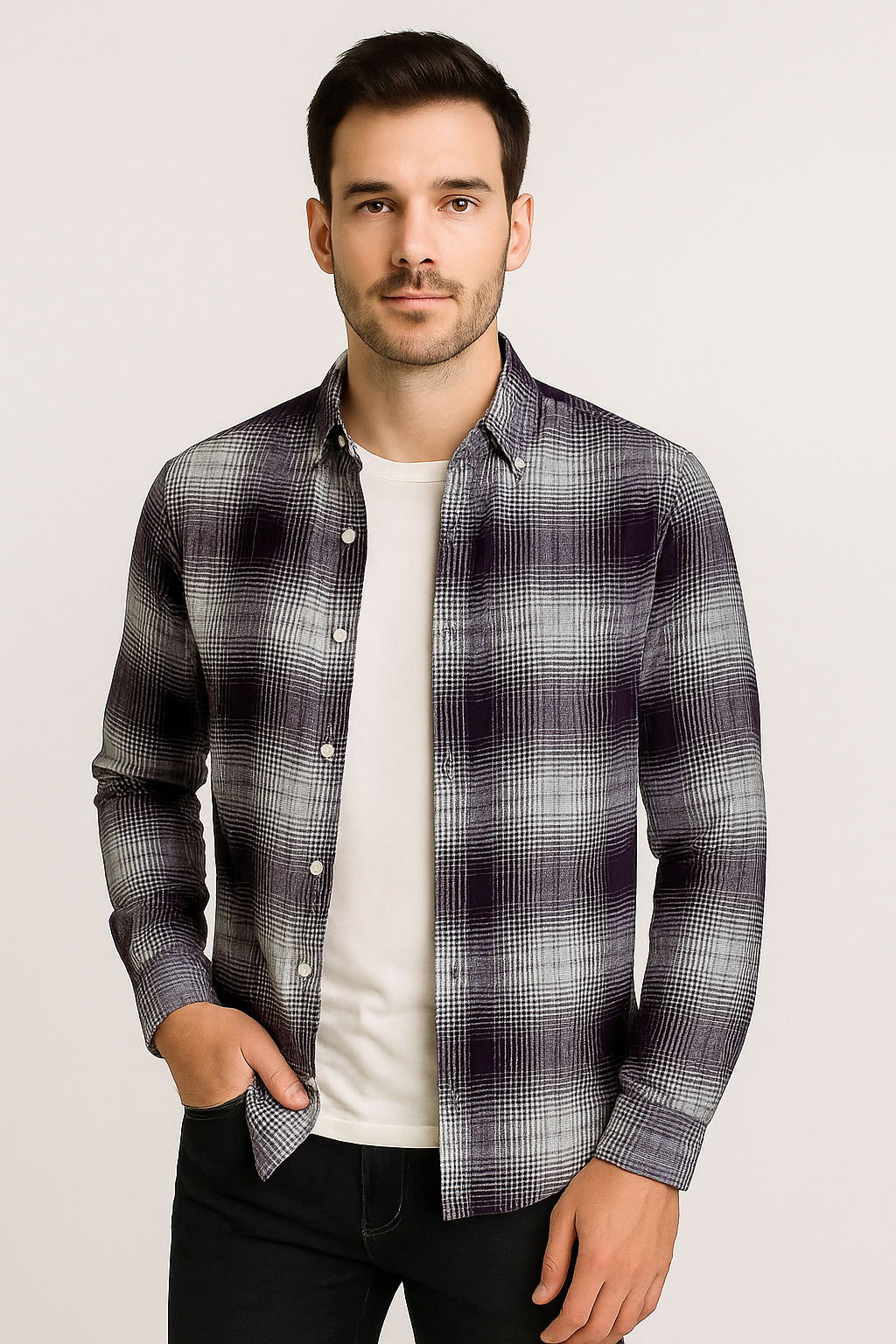 Plaid Checkered Casual Shirt – Long Sleeve Button Down Cotton-Poly Blend Shirt