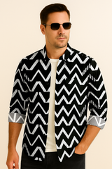 Geometric Printed Casual Button Down Shirt – Long Sleeve Cotton Summer Beachwear with Pocket