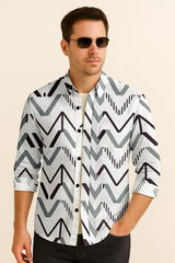 Geometric Printed Casual Button Down Shirt – Long Sleeve Cotton Summer Beachwear with Pocket