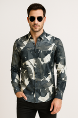 Men’s Long Sleeve Button Down Shirt – Tropical Leaf Print Cotton Shirt, Casual Summer Dress Shirt