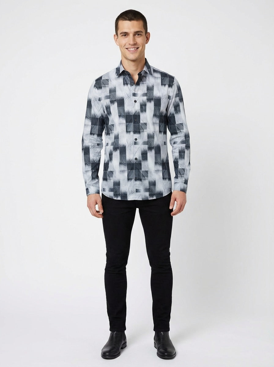 Men's Abstract Brushstroke Silk-Cotton Tailored Shirt