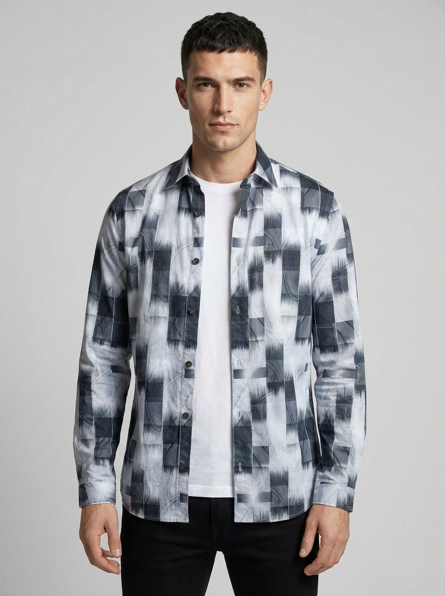 Men's Abstract Brushstroke Silk-Cotton Tailored Shirt