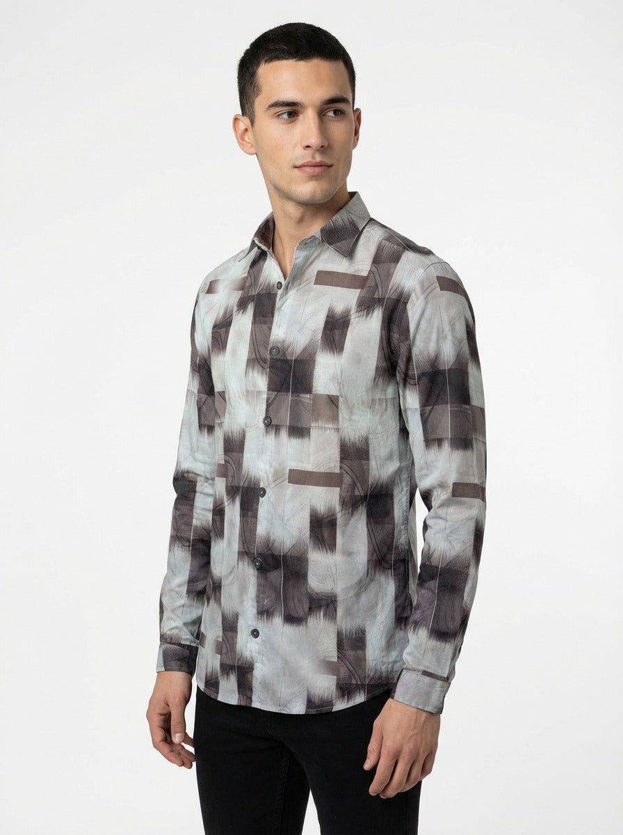 Men's Abstract Brushstroke Silk-Cotton Tailored Shirt