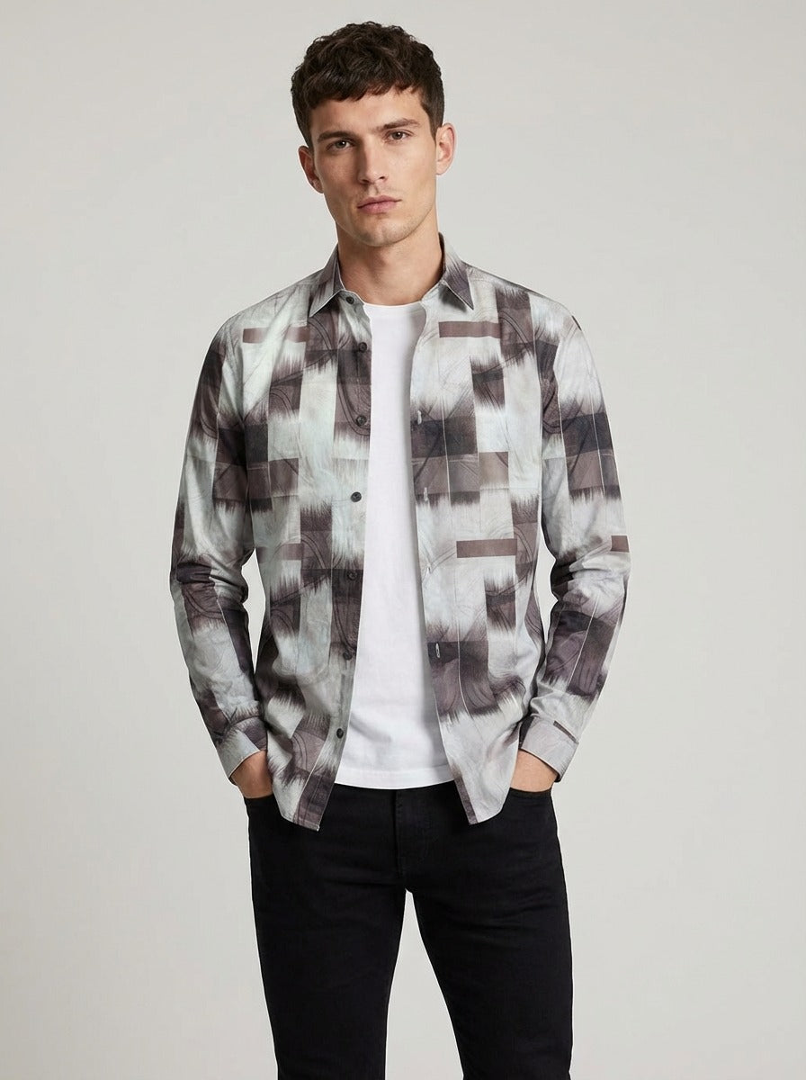 Men's Abstract Brushstroke Silk-Cotton Tailored Shirt