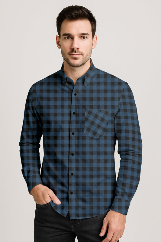 Man wearing a blue and black plaid shirt on a light gray background.
Buffalo Plaid Shirt – A Classic Button Down for Men’s Casual Style
