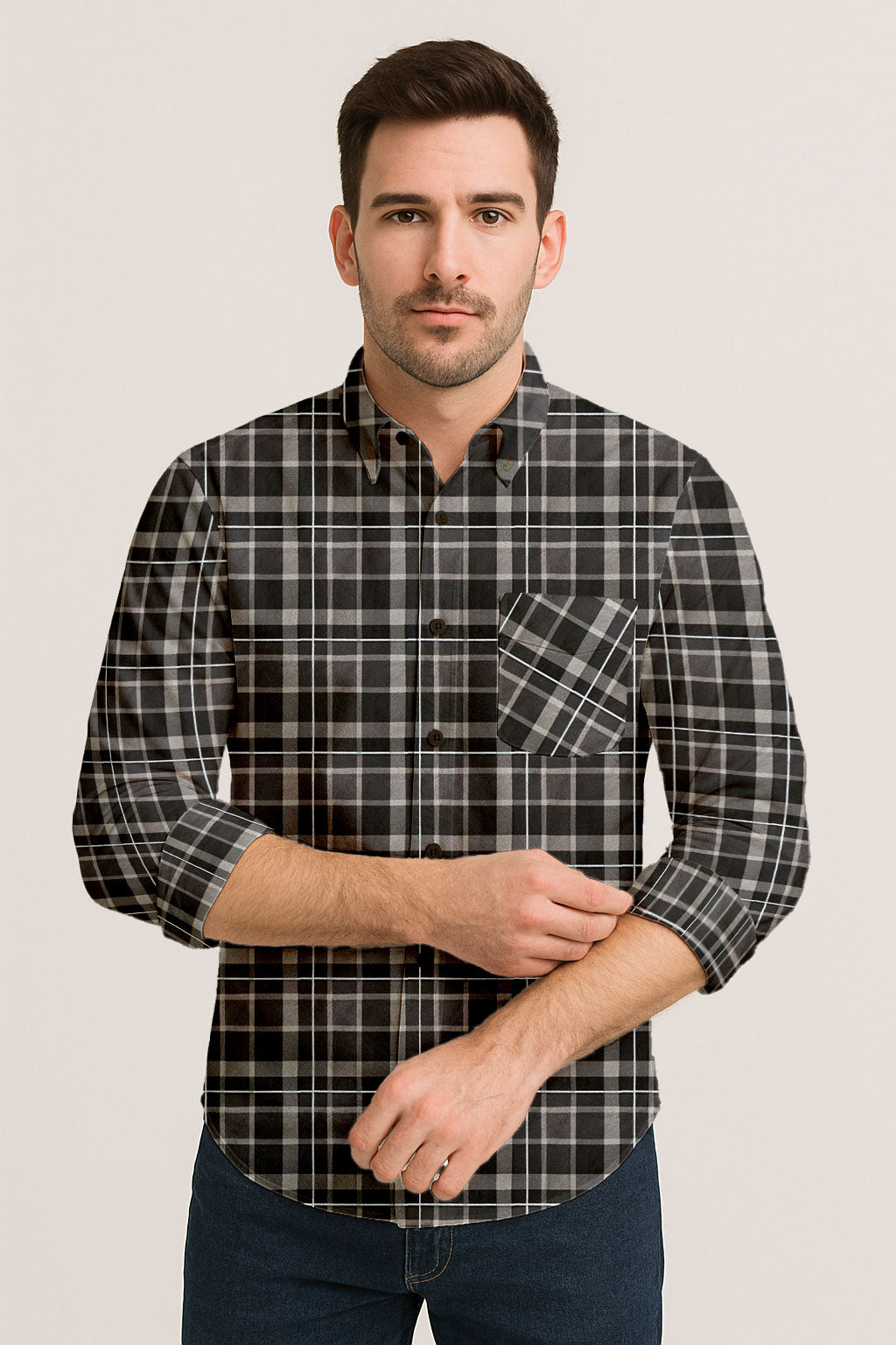 Long Sleeve Plaid Cotton Shirt – Button Down Checkered Casual Dress Shirt