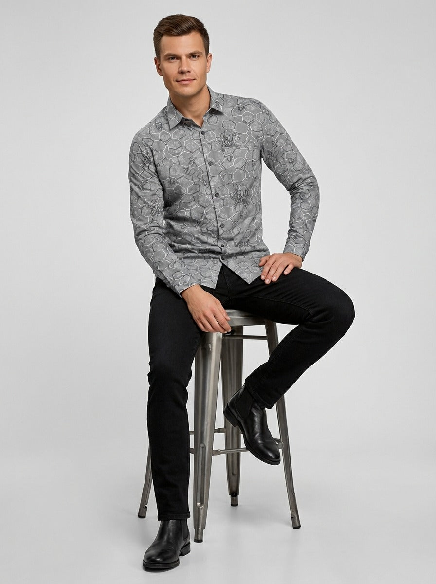 Geometric Honeycomb Pattern Long Sleeve Shirt – Lightweight Button Down Shirt