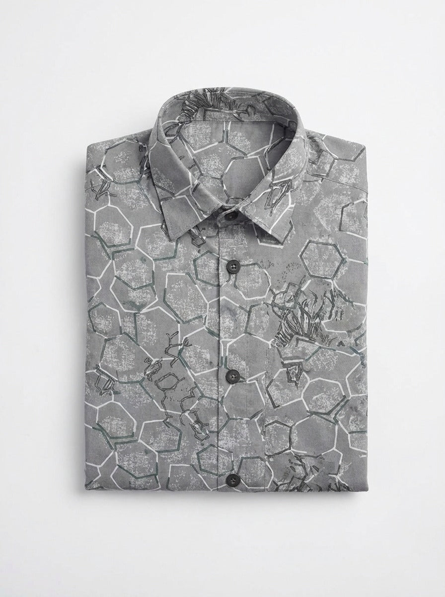Geometric Honeycomb Pattern Long Sleeve Shirt – Lightweight Button Down Shirt