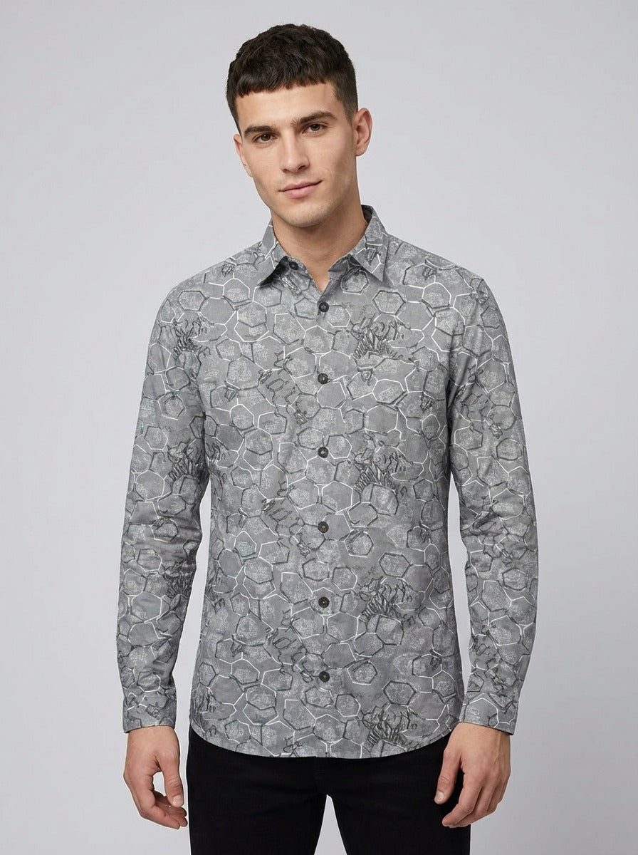 Geometric Honeycomb Pattern Long Sleeve Shirt – Lightweight Button Down Shirt